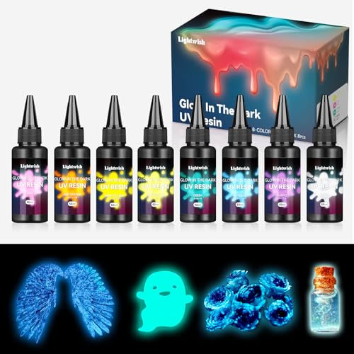 Farbiges UV-Harz, 8 dunkle helle Farben, 400g, Glow in the Dark Fluorescent Neon Paint Quick Ultraviolet Curing Epoxy Resin für Handwerk, Schmuckherstellung, Gießen und Beschichtung, DIY (je 50 g)