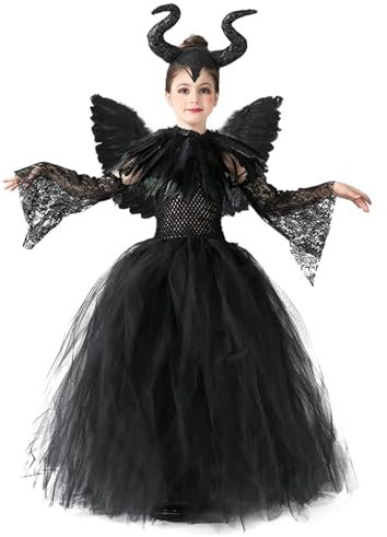 AOLIUP Halloween Maleficent Kostüm für Kinder: Mädchen Böse Königin Kleid Set mit Hörner Kopfschmuck Schwarze Flügel Umhang für Halloween Karneval Fasching Verkleidung Cosplay Party Outfits (L)
