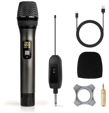 Soundgeek Wireless Microphone UHF Metal Handheld Mic with Rechargeable Receiver 200ft Range, Microphone for Singing, Karaoke, Church, Speech, Wedding, Party Singing(Grey)