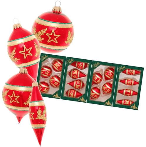 Krebs Glas Lauscha - Weihnachtsdekoration/Christbaumschmuck aus Glas - 4er Boxset je 4 Weihnachtsbaumanhänger - Motiv: Gold/Rot Stern und Tannenast - Größe: ca. 10 cm