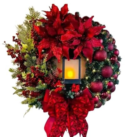 Künstlicher Weihnachtskranz für Tür Weihnachten Weihnachtskranz - Türkranz Weihnachten Außen Adventsgestecke Weihnachts-Kranz Weihnachts-Kranz mit Beleuchtung für Haustür Outdoor (A, One Size)
