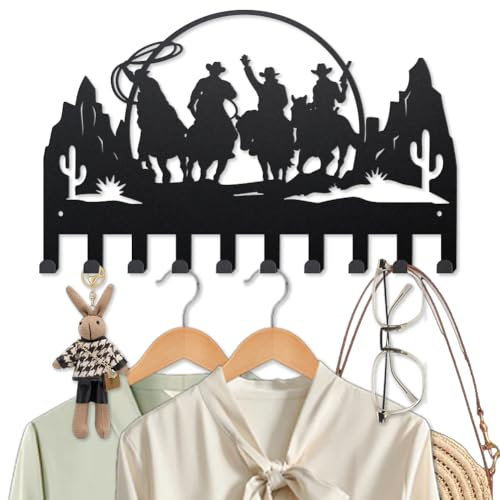MAYJOYDIY Metall Cowboy Kleiderhaken Für Die Wand 40 × 25cm Pferde Kaktus Hügel Schlüsselbrett 10 Haken Western Wüstenlandschaft Schwarze Kunst Schlüsselhalter Zum Aufhängen von Mänteln Taschen