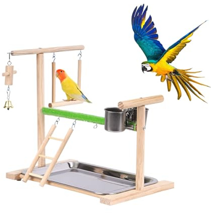 Vogel Spielplatz, Holz Wellensittich Spielplatz Freisitz mit 2 Edelstahl Feeder-Cup Spielzeug Leiter und Tablett, Papageien-Spielständer Sitzstange für Nymphensittich Papageien Wellensittiche (C)