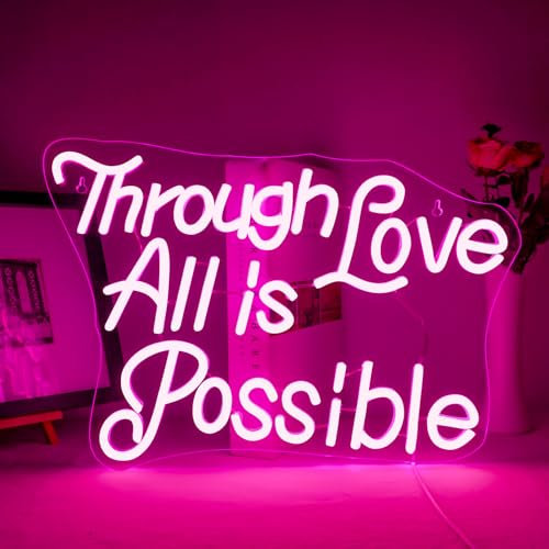ineonlife Through Love ALL is Possible Neonschild für Wanddekoration, Rosa USB Led Light Up Schilder für Schlafzimmer Ästhetisch Geburtstag Hochzeit Party Freund Freundin Liebhaber Raumdekoration