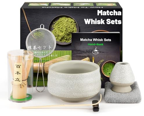 Kit de Ceremonia Japonesa del Matcha de 7 piezas, Batidora de Matcha de Bambú, Cuenco de Matcha, Cuchara, Colador, Portacucharas, Soporte para la Batidora, Juego Completo de Matcha, Gris