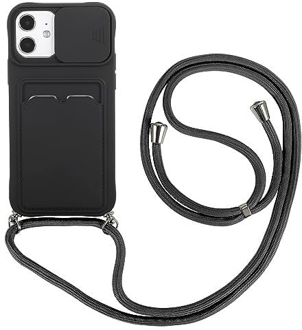 Gieehilry Crossbody Lanyard Case for iPhone 14 Pro with Slide Camera Cover Card Holder, Shockproof Silicone Phone Case with Adjustable Rope Lanyard Strap for iPhone 14 Pro Black