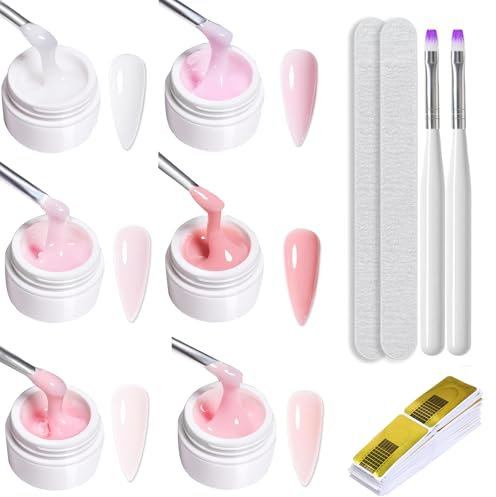 Builder Gel für Nägel 6 Farben, Aufbaugel für Gelnägel Rosa, UV Nagelgel Set zur Nagelverlängerung Modellage Nail Art Base Verstärkung, Nagellack für Nägel Selber Machen