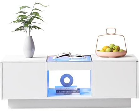 WEALTHOUSE Modern LED Coffee Table, Smart App Control RGB Lights, 2 Tiers and 2 Drawers for Living Room, Bedroom, Office, Gaming Room, Multifunctional Storage-Table with Tempered Glass Top (White)