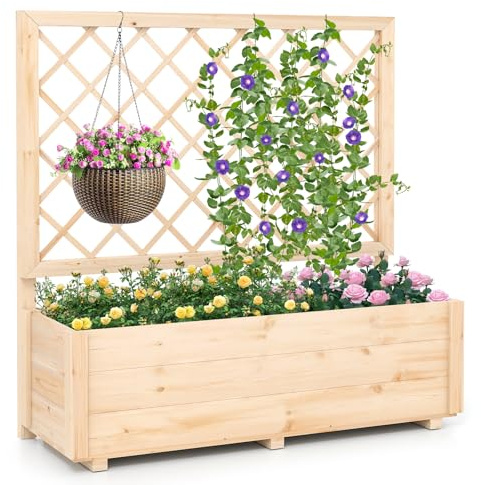 COSTWAY Fioriera Rialzata con Traliccio | Letto Rialzato da Giardino in Legno con Grigliato e Fori di Drenaggio, per Piante Rampicanti da Interno ed Esterno