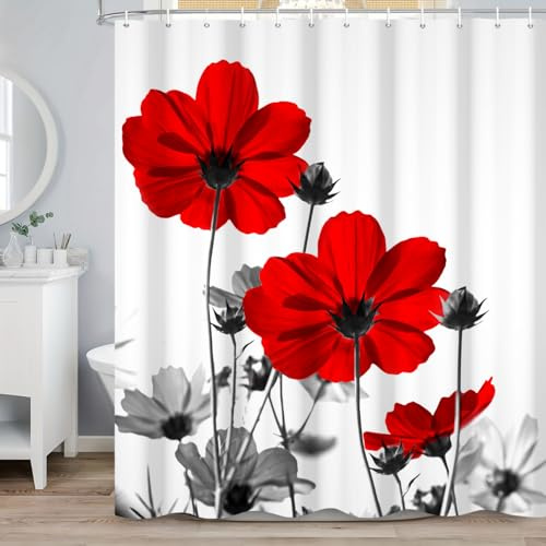 ASDCXZ Rot Blumen Duschvorhang 180x180 cm, Aquarell Rot Grau Gänseblümchen Blume Rustikal Bauernhaus Wasserdicht Badvorhang Polyester Textil Waschbar Duschvorhänge für Badewanne mit 12 Haken
