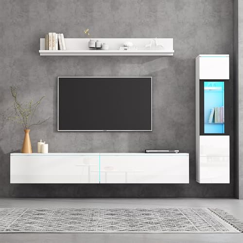 Lcoho TV Wohnwand Set 3-teilig LED Beleuchtung Hochglanz Weiß Wohnzimmer Möbel Set Frontale Wohnwand Weiß 1 x TV Schrank, 1 x Wohnzimmer Vitrine, Hängeregal