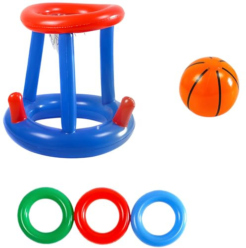 Pool Basketball Hoop Set, Inflatable Pool Games with 1 Basketball and 3 Rings, Swimming Pool Toys for Kids and Adults, Fun Water Activities for Beach and Pool Parties