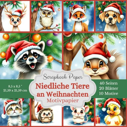 Motivpapier - Niedliche Tiere an Weihnachten - Scrapbook Papier Kollektion: Dieses herzerwärmende Bastelpapier bietet dir eine entzückende Auswahl an ... cm. 20 Blätter, 10 Motive (je 2x), 40 Seiten