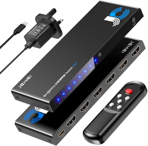 HDMI Switch 5 in 1 Out 8K@60Hz 4K@120Hz - HDMI 2.1 Switcher with Remote, Auto-Switching - Supports HDCP 2.3, HD R10, Dolby Vision, 3D, VRR - Compatible with PS5/Xbox/PC/Blu-ray Player