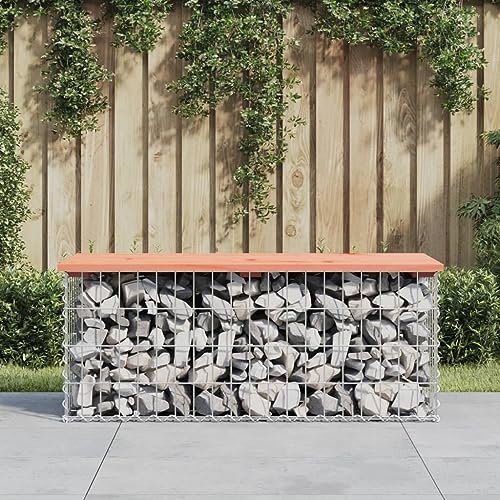 Teenpull Gabionen Gartenbank aus Massivholz Douglasie, 103x44x42 cm, Robuste Sitzbank für Terrasse, Garten, Balkon, Wetterfest, Verzinkter Stahl Sockel, Langlebig, Grau