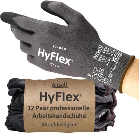 Ansell HyFlex 11-840 Professionelle Arbeitshandschuhe, Rutschfeste Nitril-Beschichtung, Industrie-Schutzhandschuhe für Mechanik, Werkstatt und Montage, Waschbare, Schwarz, Größe S (12 Paar)