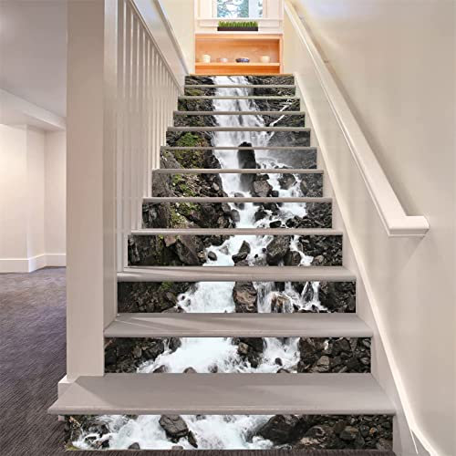 FLFK 13Pcs Stair Risers Stickers 39.37x7.08,Peel and Sick Vinyl Staircase Stickers Decals, Rock Waterfall Stone Mural Wallpaper for Stair Steps