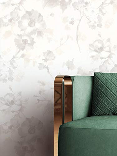 NEWROOM Tapete Beige Vliestapete Blumen - Blumentapete Floral Grau Weiß Blätter Mustertapete Romantisch Glanztapete inkl. Tapezier-Ratgeber