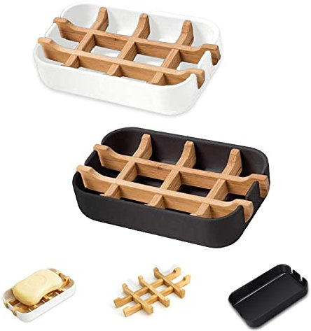 VEGCOO Bamboo soap holder, Natural Bamboo Soap Dish with Drainage Storage Holder, Durable Anti-Mould Natural Soap Box Soap Saver for Shower, Bathroom, Kitchen and Wash Basin (2 Pack (Black + White))