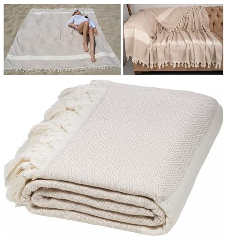 DEMMEX 228 x 208 cm XXXL Mehrzweckdecke aus türkischer Baumwolle, Überwurfdecke, Tagesdecke, Stranddecke, Picknickdecke, 100% Baumwolle, Beige