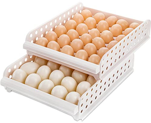 DEAYOU 60 Grid Egg Holder for Refrigerator, 2-Layer Drawer Type Egg Storage Box Container, 10.4 L x 13 W x 5.6 H Plastic Egg Tray Crisper Organizer with Handle for Kitchen, Stackable, Gray