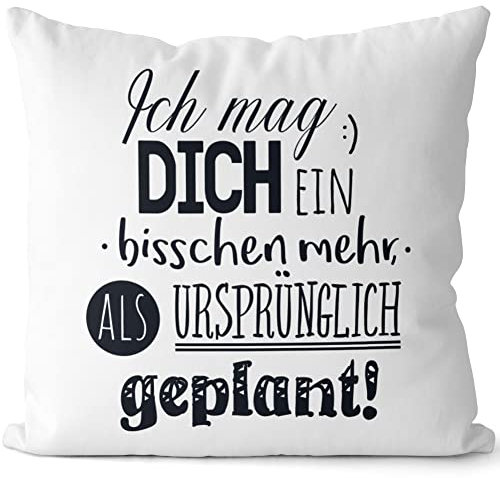 JUNIWORDS Kissen, Ich mag Dich EIN bisschen mehr als ursprünglich geplant!, 40 x 40 cm, 2-farbig, Weiß-Hellblau