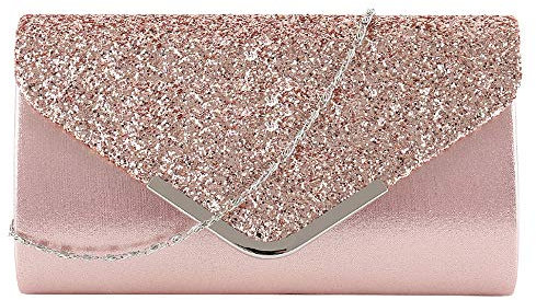 LA HUATE Enveloppe Pochette Sac à Main pour Femmes Rabat éblouissant Sac de Soirée élégant Paillettes Chaîne Sac à Bandoulière pour Mariage Bal Fête Rose