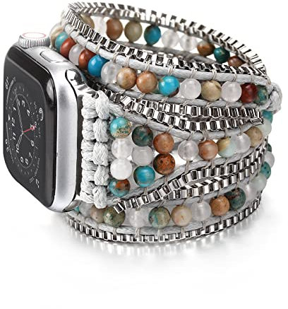 Wingoden Pulsera bohemia compatible con Apple Watch Band con cuentas de 49 mm/45 mm/44 mm/42 mm, correa multicapa para Apple Watch Ultra Series 8/7/6/5/4/3/2/1/SE, gris y azul