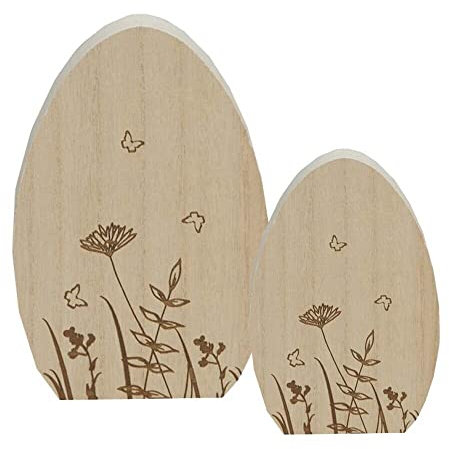 finehomegarden Ei Holz Natur H12+18cm 2er Set stehend Deko Ostern Landhaus Osterdekoration Deko Fensterdeko