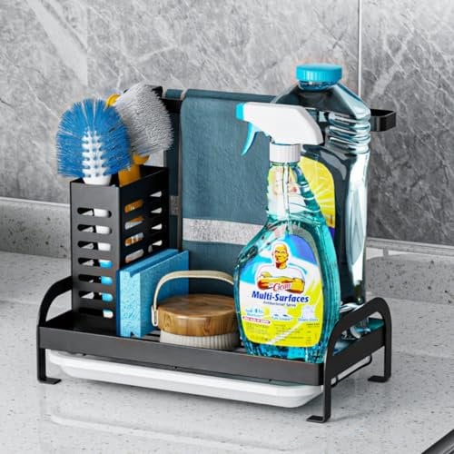 iSPECLE Rust-Resistant Kitchen Sink Organiser with Drain Tray & Brush Holder – Compact Worktop Tidy, Dishcloth and Sponge Storage Caddy with Non-Slip Feet, Space-Saving Kitchen Accessories (Black)