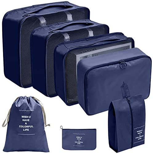 Koffer Organizer Set 7-Teilig Kofferorganizer Reisetasche travel Organizer Wasserdichte Packtaschen Rucksack Packing Cubes Kleidertaschen für Kleidung Unterwäsche Kosmetik (Marine)