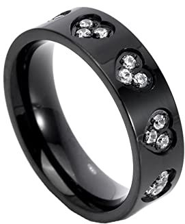 PAMTIER Damen Liebe Pfirsich Herz Ring mit Diamant für Hochzeit Edelstahl Cubic Zirkon Band Schmuck Schwarz Größe 50 (15.9)