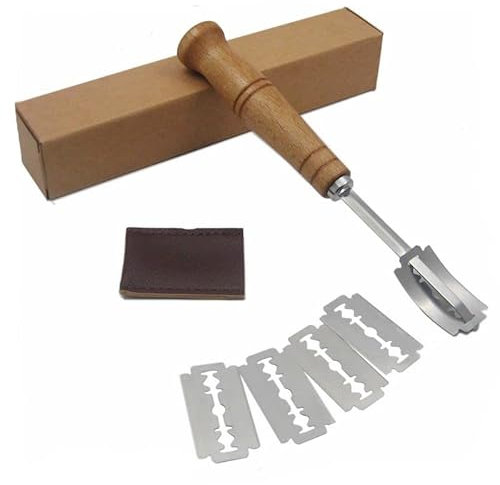 Bäckermesser Baguettemesser Teigmesser Brotmesser Backen mit 5pcs Rasierklinge Ritzmesser Ritzmesser zum Einschneiden von Baguette Brot oder Brötch mit Authentic Lederschutzhülle