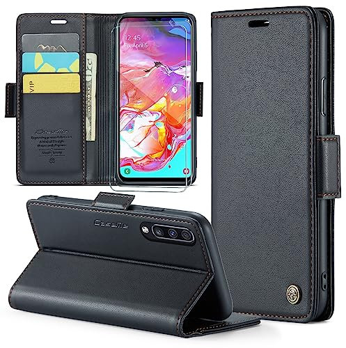 FERLAN Handyhülle für Samsung Galaxy A70/A70S Hülle [Mit 2 Stück Panzer Schutz Glas] [Premium PU Leder] [RFID-Blockierung] [Kartenfach] Klapphülle für Samsung Galaxy A70/A70S - Schwarz