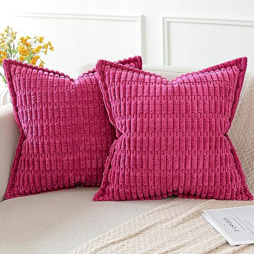 Artscope Hot Pink Cushion Covers Set of 2 Corduroy Decorative Square Striped Pillowcase with Stitched Edge Pillow Covers 50x50cm for Home Decor Sofa Bedroom Car