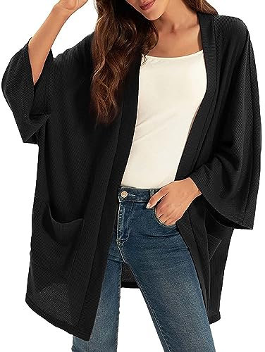 Cardigan da donna leggero oversize lavorato a maglia manica lunga a pipistrello con tasche da donna lungo spolverino maglione cardigan, Nero , L
