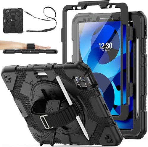SEYMAC stock for iPad Air 5th/4th Generation Case 10.9 inch, Case for iPad Pro 11 inch with Screen Protector, 360° Rotating Stand/Hand Strap, Pencil Holder & Shoulder Strap, Black
