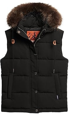 Superdry Everest Faux Fur Puffer Gilet Veste, Noir de Jet, 40 Femme