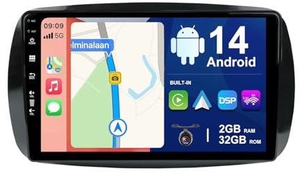 BXLIYER 9 Zoll Android 14 Autoradio für Benz Smart 453 Fortwo (2014-2020) - Rückfahrkamera KOSTENLOS - 2G+32G - 2 Din - DAB Lenkradsteuerung WiFi Carplay Android Auto DSP Split-Screen 4G Bluetooth