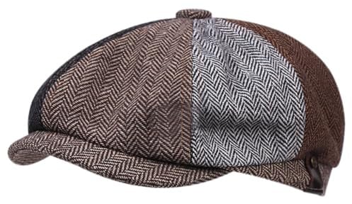 FICORD Schiebermütze Herren Sommer-Baumwollkappen, Leinen, Bunte Nähte, Herren-Baskenmütze, Retro-Wild-Newsboy-Mütze, Herren-Efeu-Mütze, Herren-Maler-Achteckhut, Patchwork, 1,56–58 cm