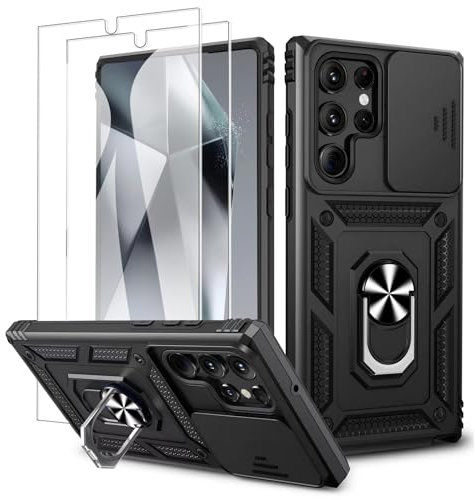 Fewdew Coque pour Samsung S24 Ultra, avec Couvercle de l'appareil photo coulissant & 2 Verre Trempé & Anneau, Militaire Antichoc Robuste pour Samsung Galaxy S24 Ultra 5G 2024, Noir