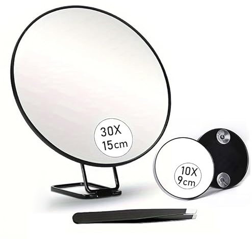 DYVEXO Espejo Aumento - Pack de 2 Espejos de Aumento de 10X y 30X, con 3 Ventosa y asa. Espejos Compactos de Mano o Pared, Ideal para Maquillaje y Viaje