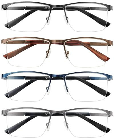 JOLISU 4 Pack Lesebrille Männer, blaues Licht Blocking Computer halbe Rahmen Metall Leser Feder Scharnier Brillen +3.50