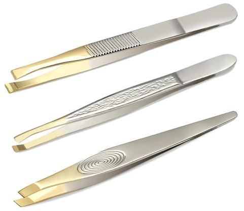 3 Pinzas Depilar Profesionales Acero Inoxidable, Pinza de Depilar con Punta Cangrejo, Pinzas cejas profesional, pinzas depilar cejas para Cejas Pestañas, Pelo Encarnado,Pelo de Barba, Oro