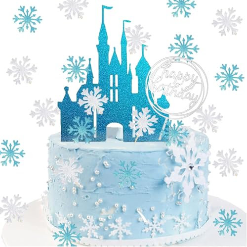 HCRXVV Schloss Tortendeko Prinzessin Cake Topper,Frozen Schneeflocken Geburtstagsdeko mit Schloss,Eiskönigin Blue Kuchen Topper für Kinder Mädchen,Weihnachten Silber Schneeflocken Deco Hochzeit Torte