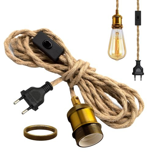 Vintage Hängelampe mit Stecker, Industrielle Hanfseil Pendelleuchte Kit,Retro E27 Lampefassung mit 510cm Kabel und Schalter,Messing Hängeleuchte für Schlafzimmer Wohnzimmer Küche, Ohne Glühbirne