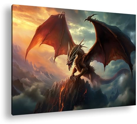 Leinwandbild Drache auf Gipfel, feuriger Himmel, Fantasy-Herrschaft Format: 120x80 cm XXL Kunstdruck Bild auf Keilrahmen/Wandbild/Wohnzimmer Deko