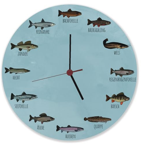 speecheese Deutsche Fischarten Wanduhr aus Alu Uhr mit Fischen aus Deutschen Gewässern witzige Idee für Angler als Deko für das Vereinsheim, die Garage oder den Keller