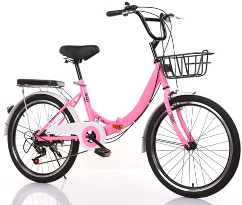 MREGLHUI Bici Pieghevole per Adulti, retrò Pieghevole 7 velocità Cambio,Acciaio Ad Alto Tenore di Carbonio Leggero Pieghevole Bici per Donne E Uomini Premium Bikes Bici Portatile,Rosa,24in
