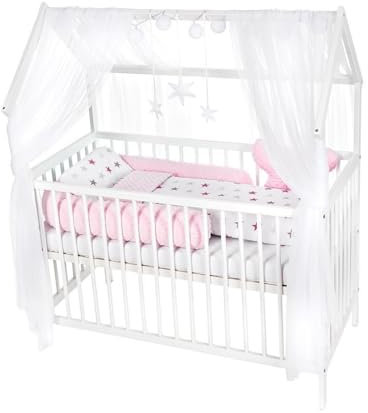 Babyhafen Hausbett für Kleinkinder, 60 x 120 cm, mit Matratze und Bettwäsche, Sterne Rosa